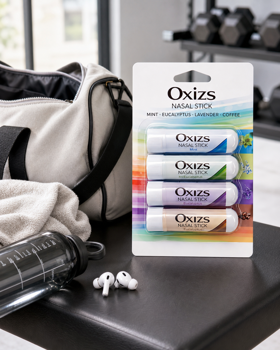 OXIZS Variety 4 Pack beside an everyday gym bag