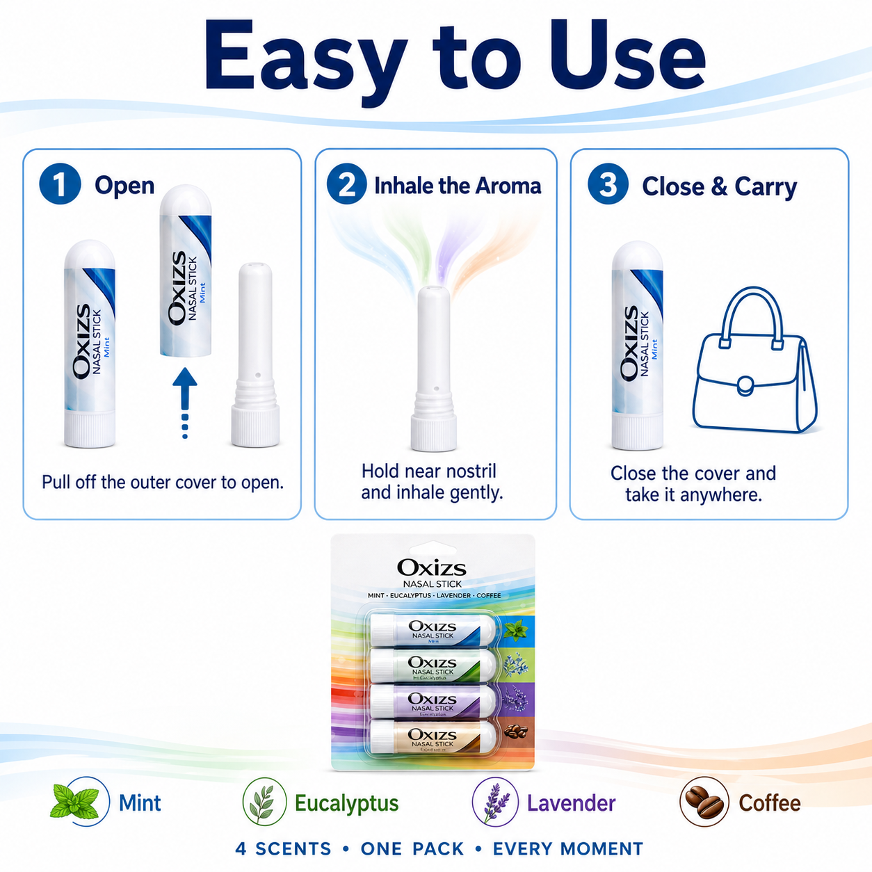 OXIZS Mint, Eucalyptus, Lavender, and Coffee nasal stick set