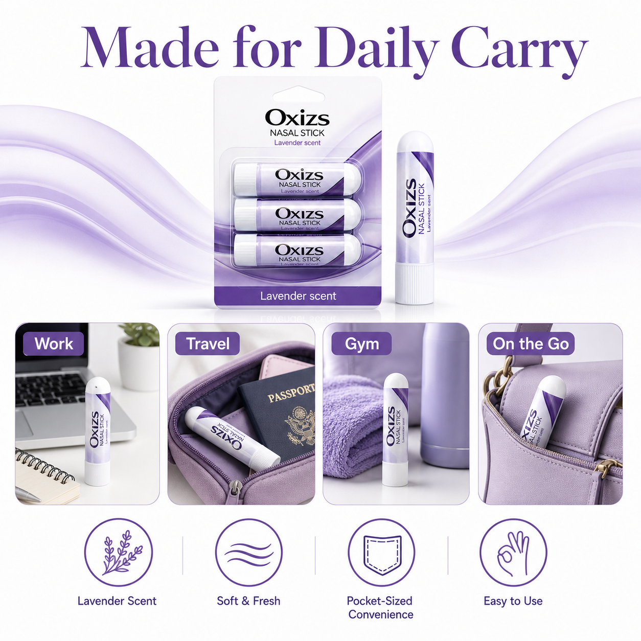 OXIZS Lavender Aromatherapy Nasal Inhaler – 3 Pack