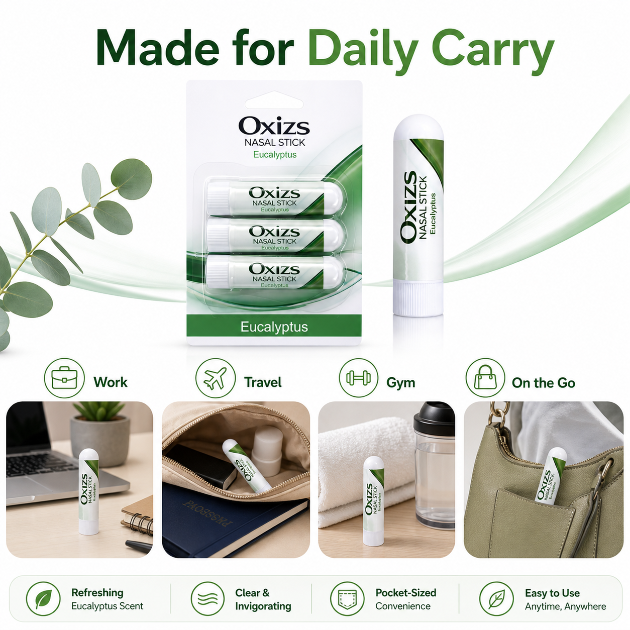 OXIZS Eucalyptus Aromatherapy Nasal Inhaler – 3 Pack