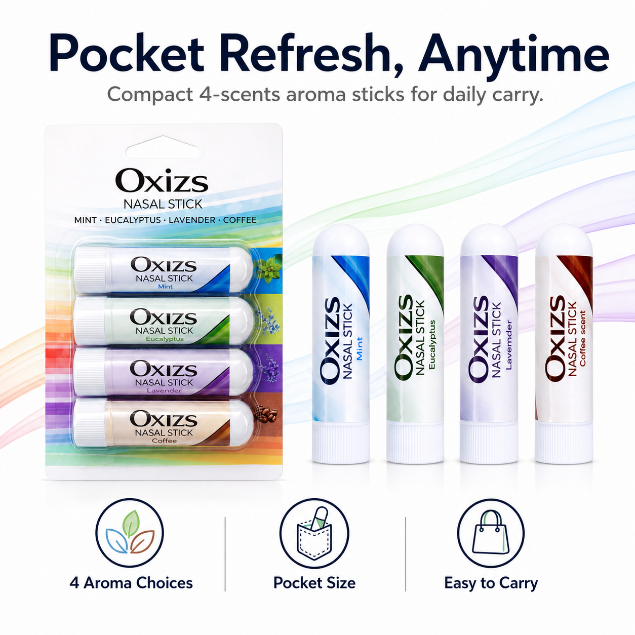 Pocket-sized OXIZS aromatherapy nasal sticks for everyday carry