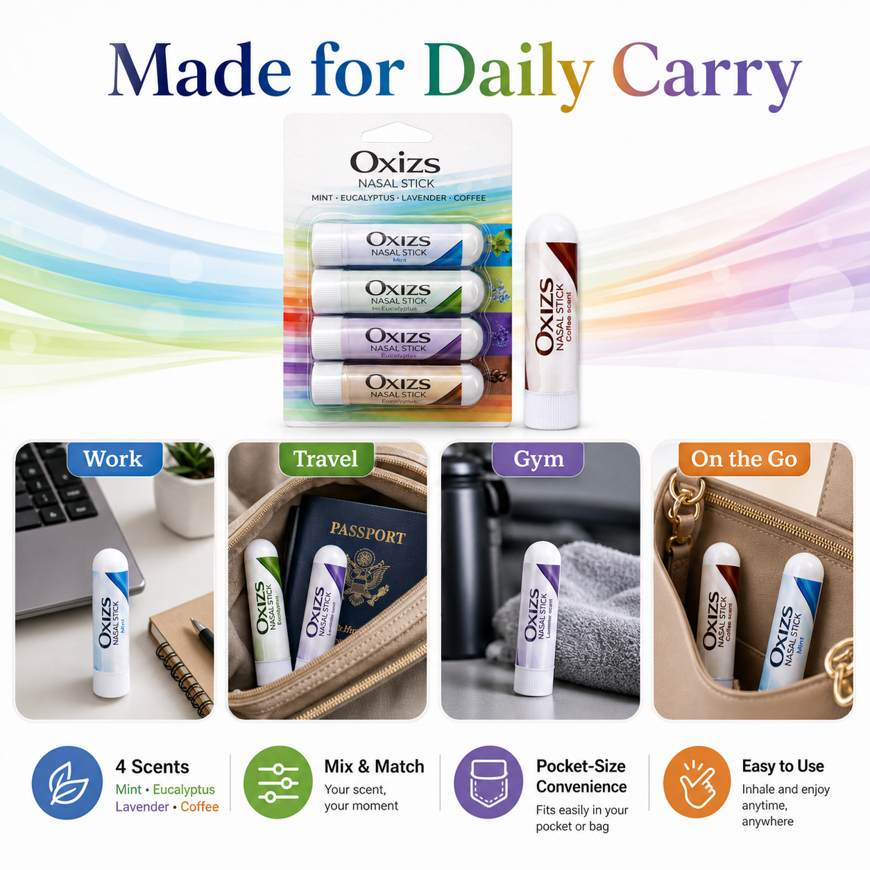 OXIZS four-scent nasal stick set for desk, bag, car, and travel